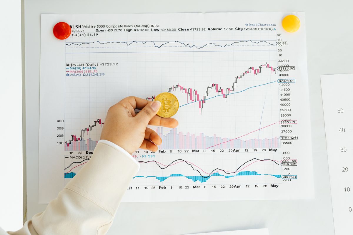 Glowing Bitcoin coin against a dark background with a price chart